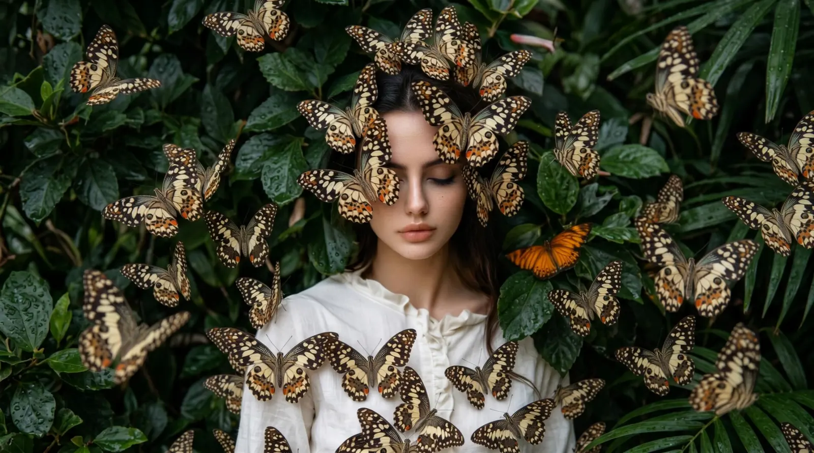 A woman at peace among cream and amber butterflies, eyes closed